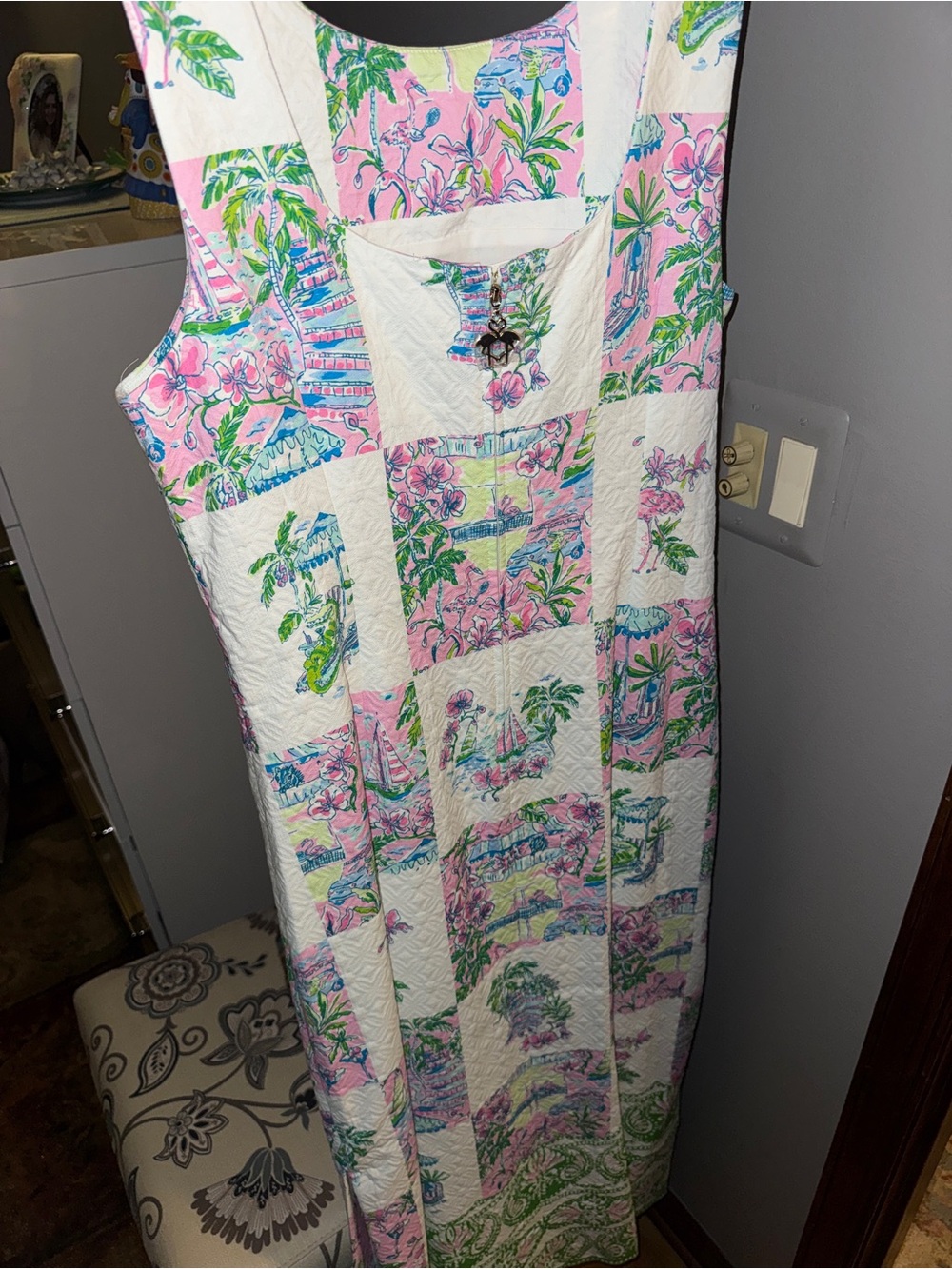 NWT Lilly Pulitzer size 10 Dee Shift Maxi Dress Sunny Ocleppo Patch White Pink